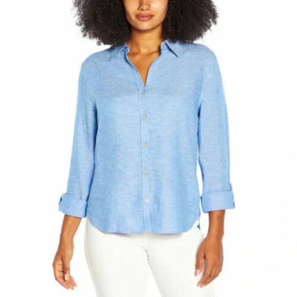ORVIS 1588920 BLUE BUTTON DOWN LONG SLEEVE LINEN BLEND BLOUSE SZ L